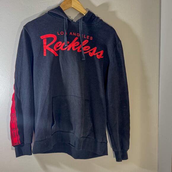 Young & Reckless Los Angeles Side Stripe Hoodie | Black Red Script Pullover - Picture 2 of 6